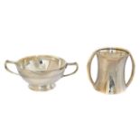 Two silver twin handled cups,