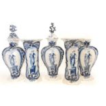 Garniture of five Delft vases