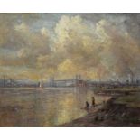 Herbert F. Royle (British 1870-1958) Boys playing on the banks of the River Mersey with the Widnes-R