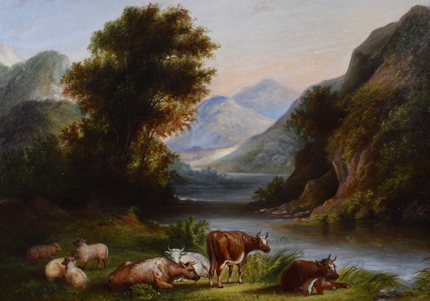 English School (19th century) Mountainous lake scene with cattle and sheep, oil.