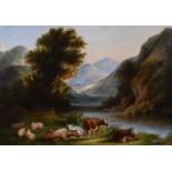 English School (19th century) Mountainous lake scene with cattle and sheep, oil.