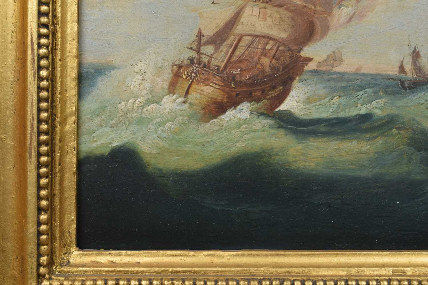 Circle of William Anderson (British 1757-1837) Numerous vessels in a squally sea, oil. - Image 5 of 7