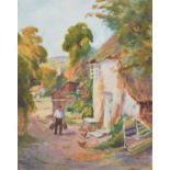 Tom Clough (British 1867-1943) Rural lane with figure and chickens, watercolour.