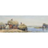 Robert Thorne Waite R.W.S. (British 1842-1935) Figures loading hay onto a barge, watercolour.