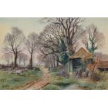Henry Charles Fox R.B.A. (British 1860-1925) Rural lane with sheep, watercolour.