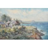 Joseph Hughes Clayton (exh. 1891-1929) Coastal scene with figures and cottage, watercolour.