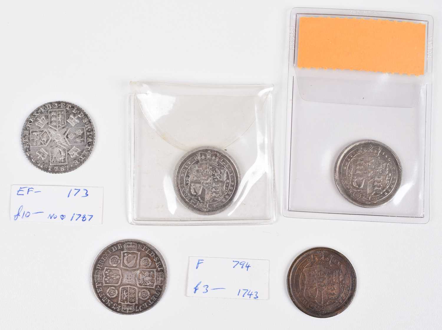 George II Shilling, Three George III Shillings and one counterfeit George III Shilling (5). - Image 2 of 2