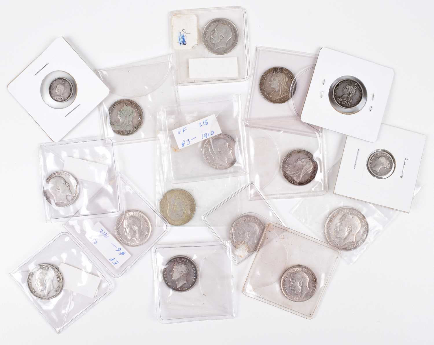 Selection of mainly silver coinage from George III to George V, mainly shillings.