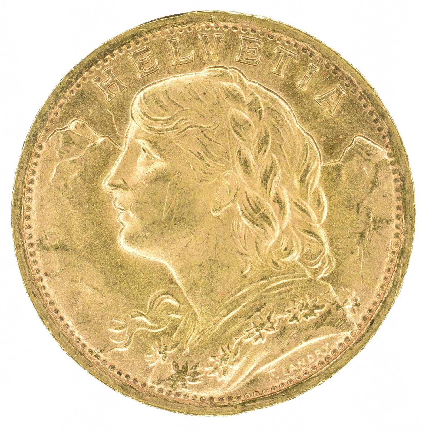 Switzerland, Helvetia, 1935, 20 Franc gold coin.
