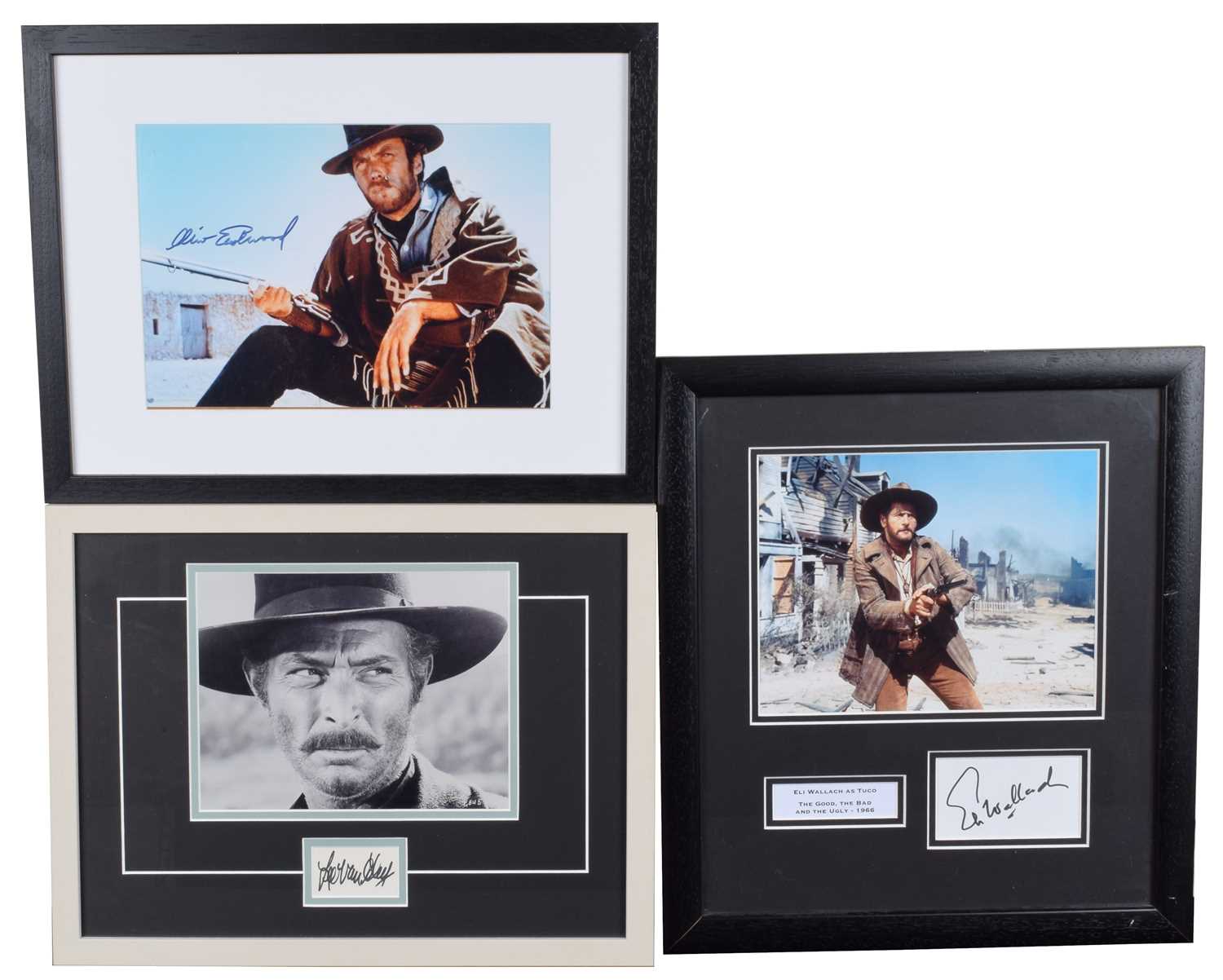 Three framed Western Cowboy themed autographs Lee Van Cleef, Clint Eastwood and Eli Wallach