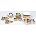 7 pieces of miniature Royal Crown Derby trefoil hors d'oeuvres, trinket trays, bowl and baskets