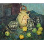 D.W. Lloyd (British 20th century) Still life with jugs and apples