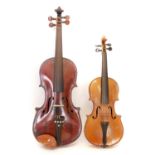 4/4 violin and a 1/2 size violin, each with a bow and case.