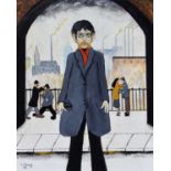 John Hanley (British 1947-) "Under the Arch" after L.S. Lowry, oil and acrylic inks.