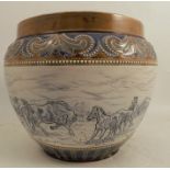 A Doulton Lambeth stoneware jardinière, decorated with an incised band of horse by Hannah Barlow,