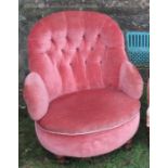 A Victorian upholstered tub style low armchair, on oak legs, by William Barrow Jnr, for Gillows,
