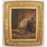 A 19th century oil on canvas, study of dead pigeons and fruit, 20.5ins x 16ins