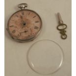 A silver cased open face pocket watch, with silvered dial and key wind