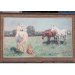 Rowland Wheelwright, oil on canvas, rural scene, mare with foal and two ponies looking on, 28ins x
