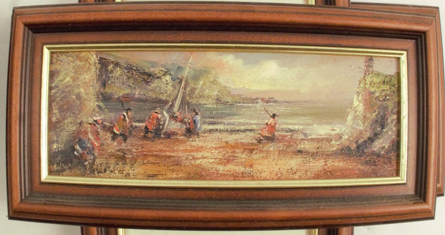 F Burke, four oil on boards, figures in landscape - Image 5 of 5