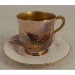 A Royal Worcester cabinet cup and saucer, decorated with Highland cattle in landscape by H