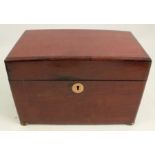 A mahogany tea caddy, of rectangular form, the interior fitted with a covered glass bowl and covered