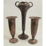 A hallmarked silver Art Nouveau trumpet vase, together with a pair of hallmarked silver vases,