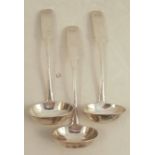 Three Scottish provincial silver fiddle pattern sauce ladles, engraved with initials, maker Peter