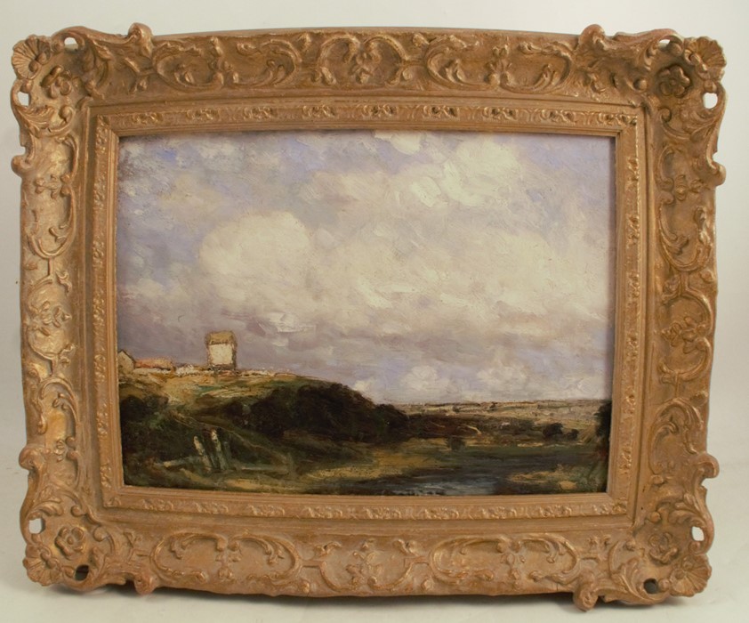 Vickers De Ville, oil on canvas, a windmill in landscape, 10ins x 13.5ins
