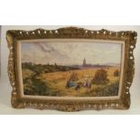 Henry William Banks Davis, oil on canvas, view of Boulogne with harvest scene, 11ins x 20ins