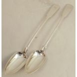 A pair Scottish provincial silver fiddle pattern basting spoons, engraved with initials, maker