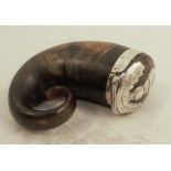 A 19th century Scottish silver mounted horn snuff mull, the hinged lid with silver mounts of a