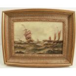 C Nelson, oil on board, seascape with boats on choppy waters, 7.5ins x 11ins