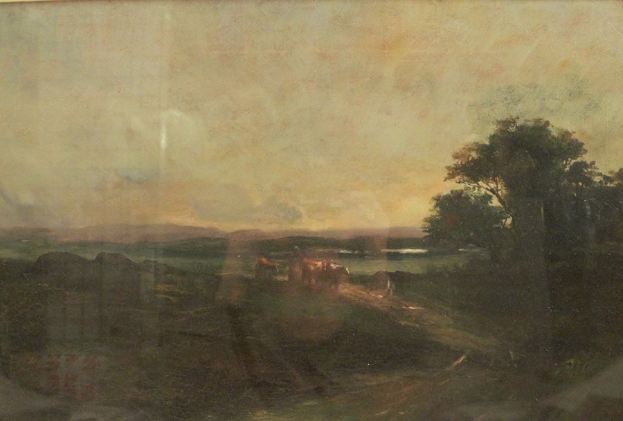 An oil on canvas, figure with cattle in an open moorland with trees, inscribed to the reverse, David - Image 2 of 4