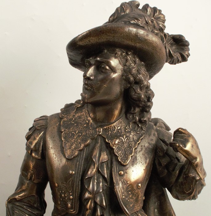 A pair of large spelter figures, of men in cavalier dress, height 20.5ins - Image 3 of 3