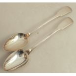 A pair Scottish provincial silver fiddle pattern basting spoons, engraved with initials, maker