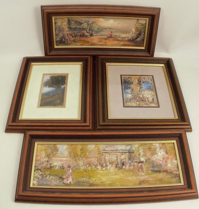 F Burke, four oil on boards, figures in landscape