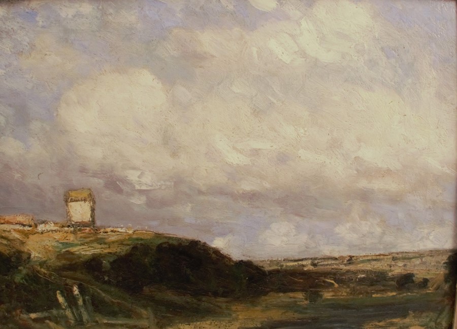 Vickers De Ville, oil on canvas, a windmill in landscape, 10ins x 13.5ins - Image 2 of 5