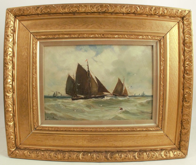William Vallance, oil on artist board, seascape with boats in full sail. 9ins x 13ins