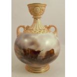 A Royal Worcester vase, the bulbous body hand painted with Highland cattle in landscape by John