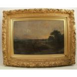 An oil on canvas, figure with cattle in an open moorland with trees, inscribed to the reverse, David