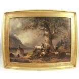Johann Anton Castell, oil on canvas, farmer, wife and daughter under a tree with animals and a