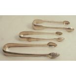 A pair of Scottish provincial silver fiddle pattern sugar tongs, engraved with initials, maker