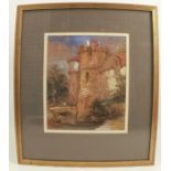 George Cattermole, watercolour, castle with figures, 9.75ins x 8ins