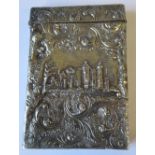 A Walker and Hall silver card case, embossed with buildings both sides and scrolling leaves,