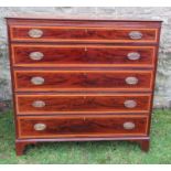 A 19th century mahogany chest, of five long cross banded drawers, width 49ins x depth 22.5ins x