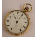 Anonymous, an 18 carat gold open faced pocket watch, with a stop watch action, the unsigned white