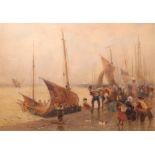 Hector Caffieri, signed, watercolour, a busy harbour scene with numerous figures unloading the