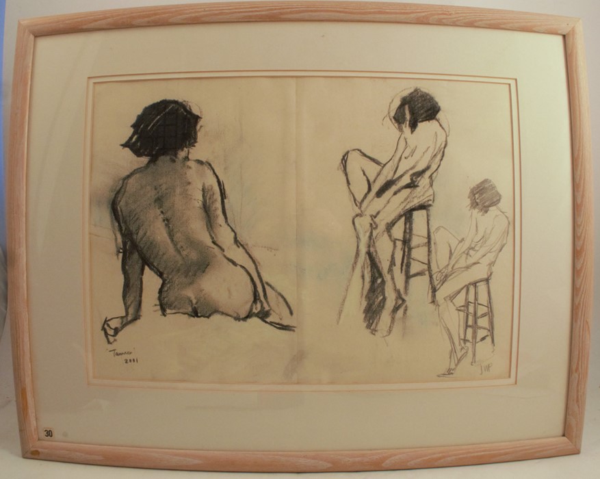 David Phipps, charcoal drawings, studies of nudes, dated 2001, 13.5ins x 19ins