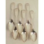 A set of six Scottish provincial silver fiddle pattern dessert spoons, engraved with an initial,
